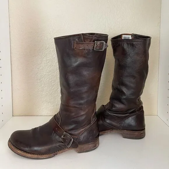 Frye Vintage Veronica tall buckle Slouchy Moto Boots in chocolate brown. 11